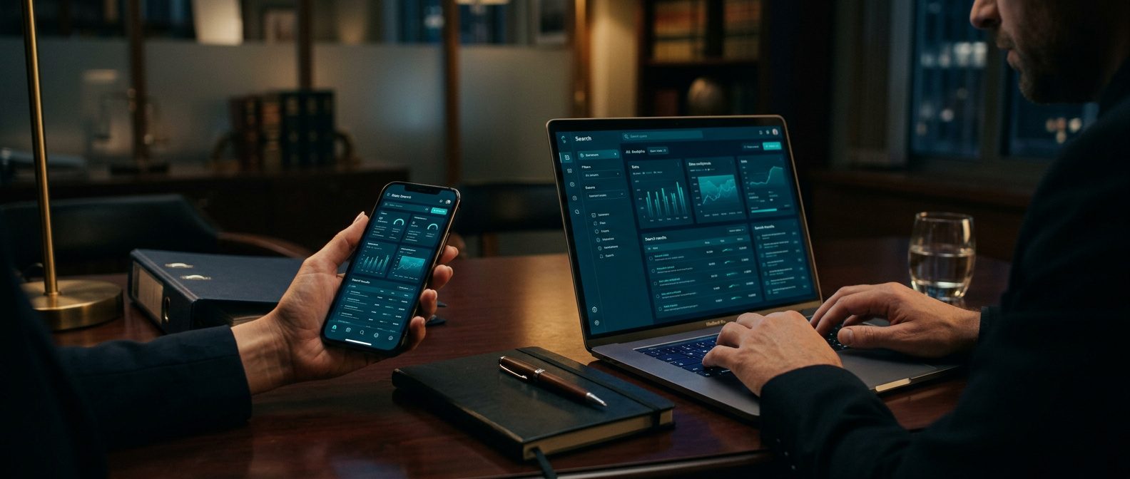 Painel com saldo de créditos de uma API jurídica ao lado de um robô próprio de monitoramento de processos
