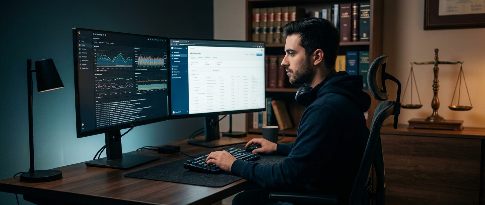 Desenvolvedor analisando dados de processos judiciais retornados por uma API jurídica em um monitor