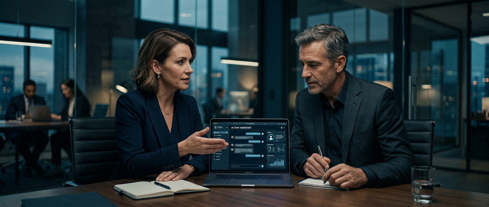 Consultora apresentando a interface do Claude AI para um cliente