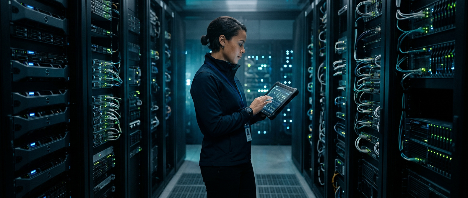 Engenheiro monitorando servidores em um data center