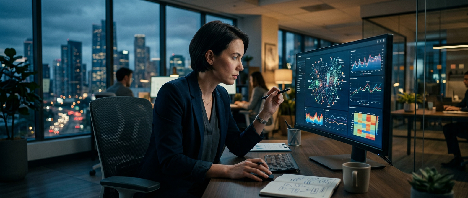 Analista revisando dashboards de dados de Inteligência Artificial