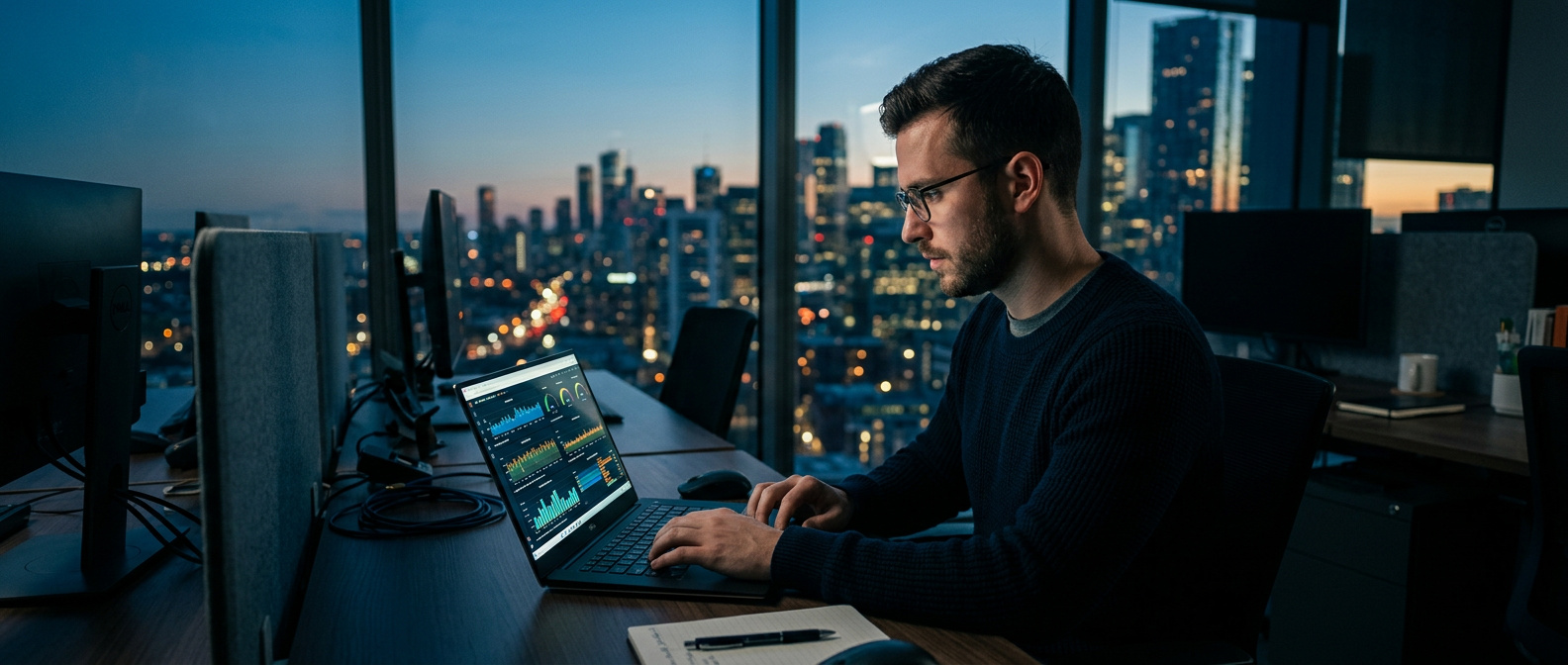 Técnico monitorando a disponibilidade e performance de um site