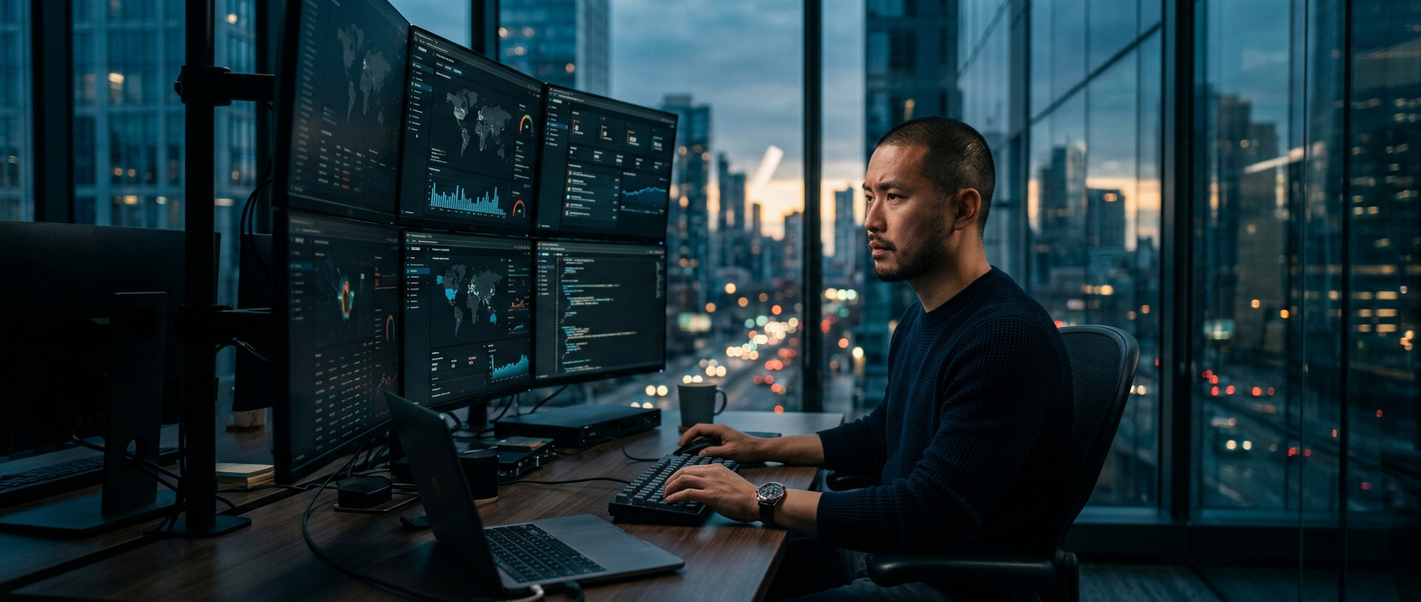 Especialista em segurança analisando alertas em múltiplos monitores