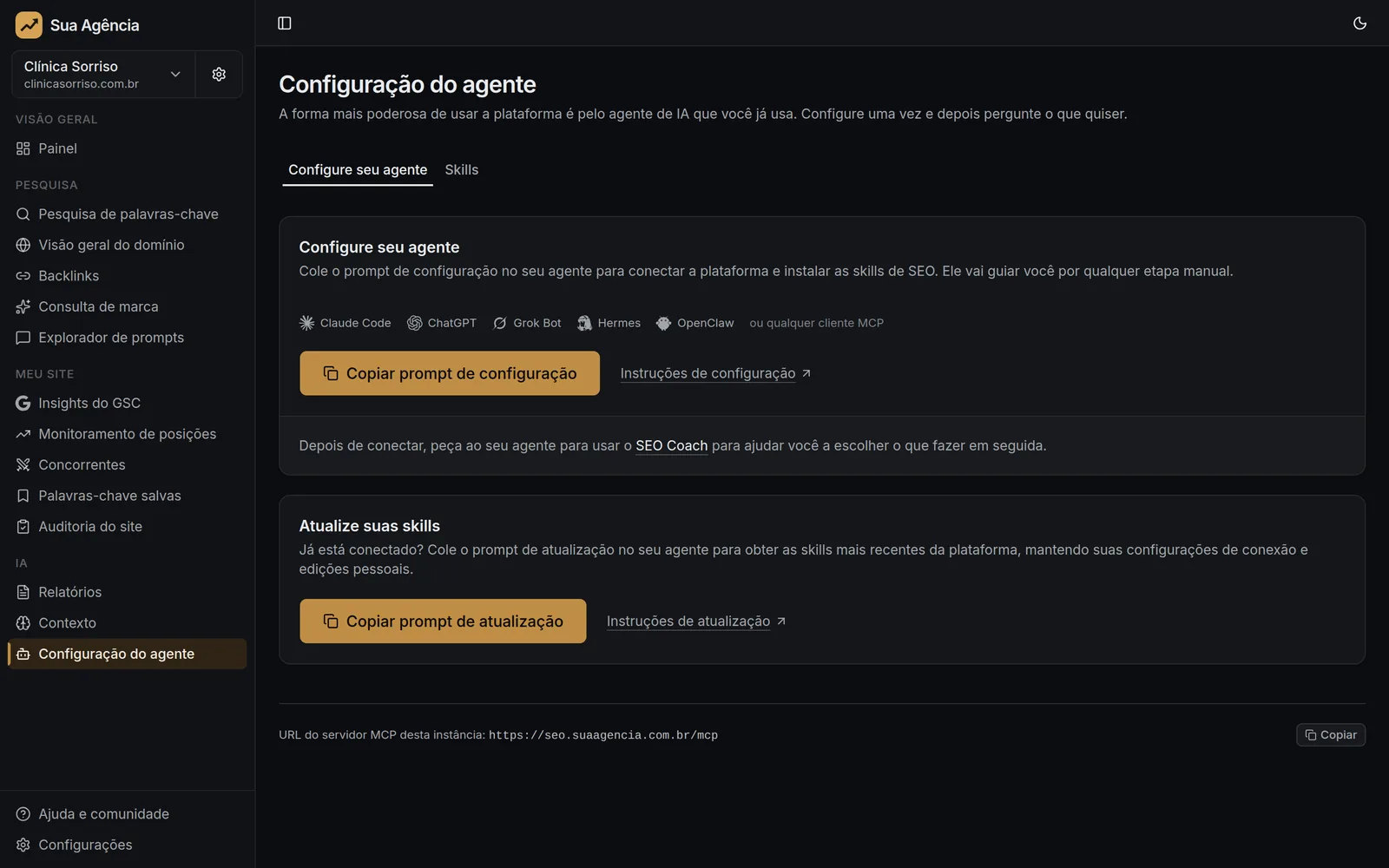 Tela de configuração do agente de IA com conexão via MCP