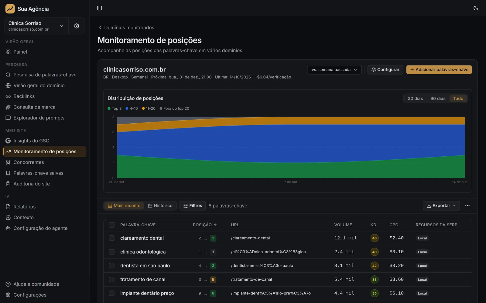 Painel de monitoramento de posições no Google com a marca Sua Agência