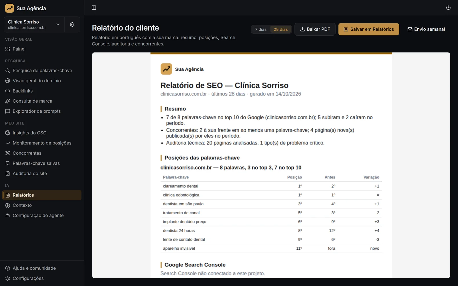 Pré-visualização do relatório do cliente em PDF