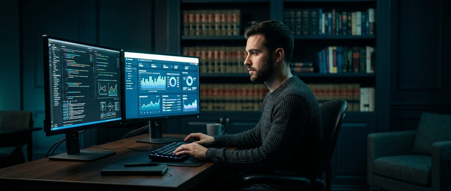 Desenvolvedor comparando fornecedores de dados de processos judiciais em uma planilha ao lado do código da própria API