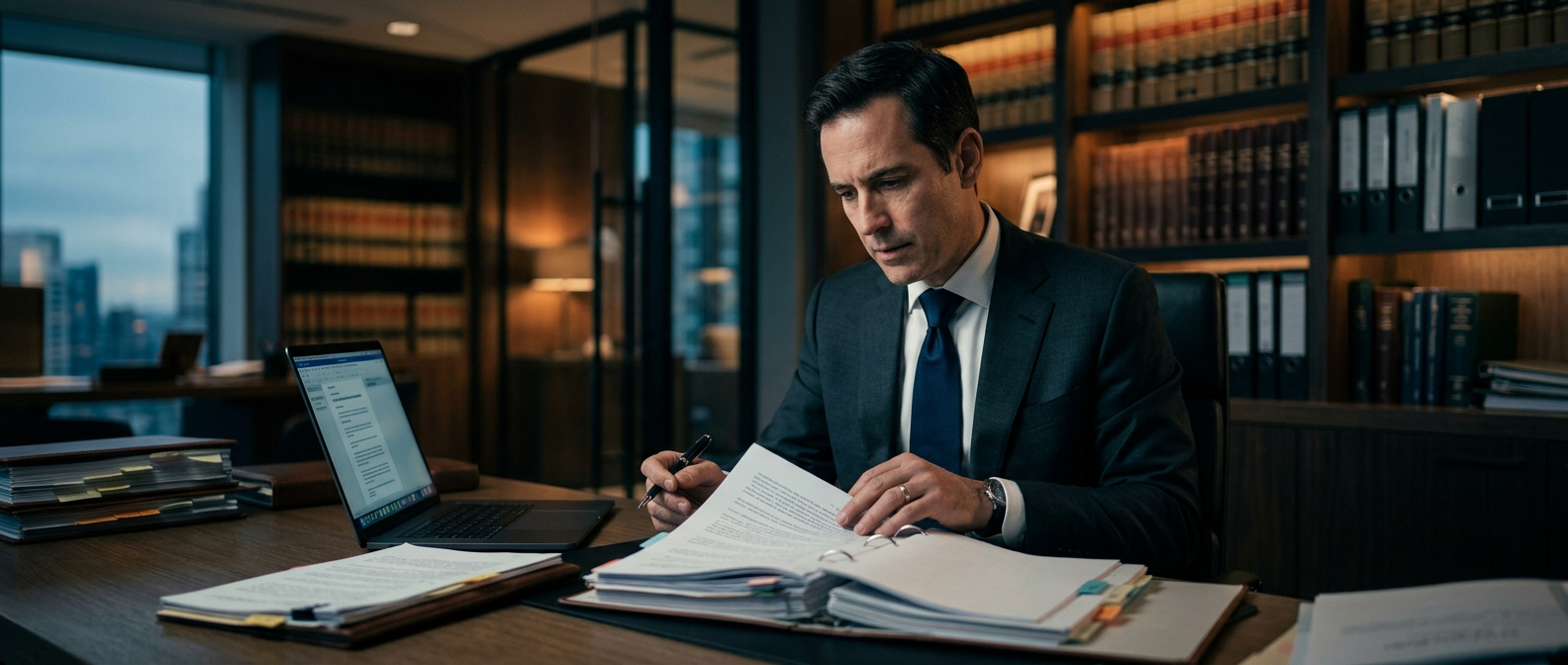 Advogado revisando documentos jurídicos com apoio de tecnologia