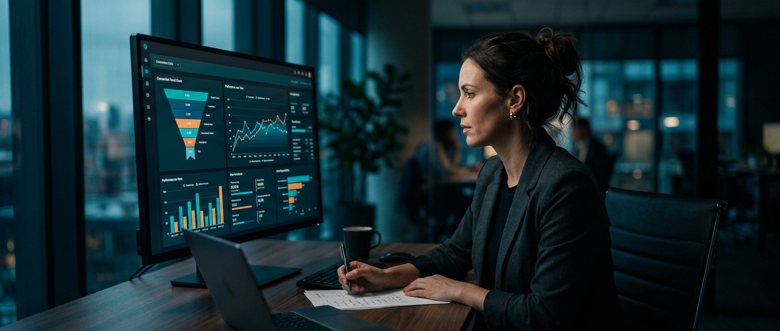Profissional de marketing analisando dashboard de campanhas