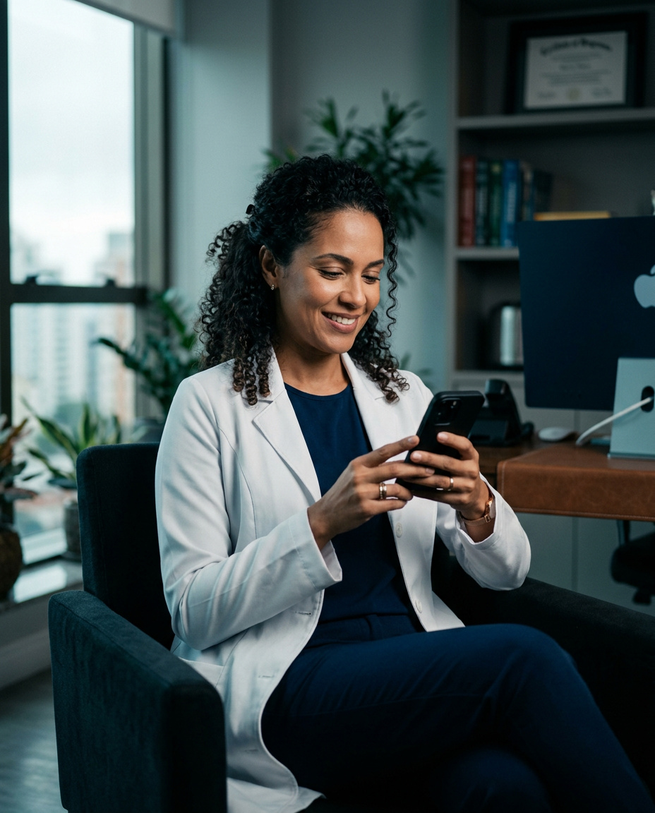 Médica relaxada usando o celular em seu consultório