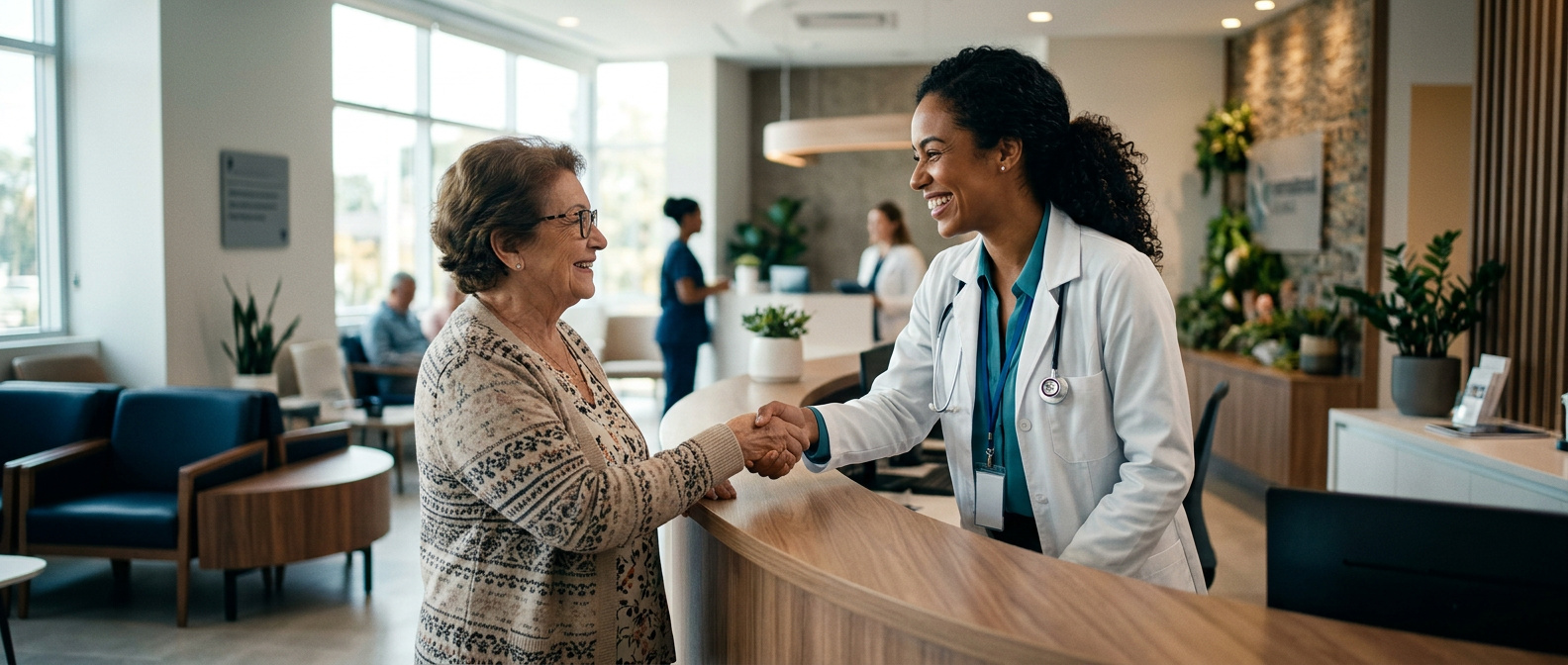 Médica sorrindo e cumprimentando uma paciente na recepção de uma clínica