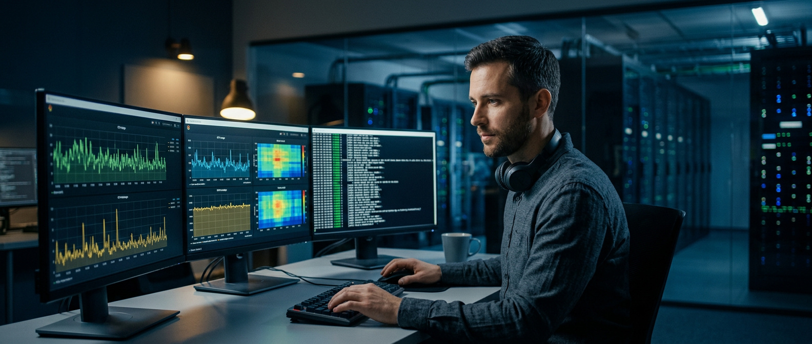 Engenheiro analisando gráficos de performance de servidor