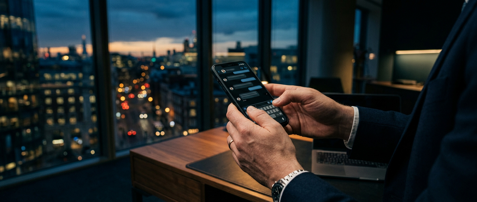 Profissional usando o WhatsApp Business em um smartphone
